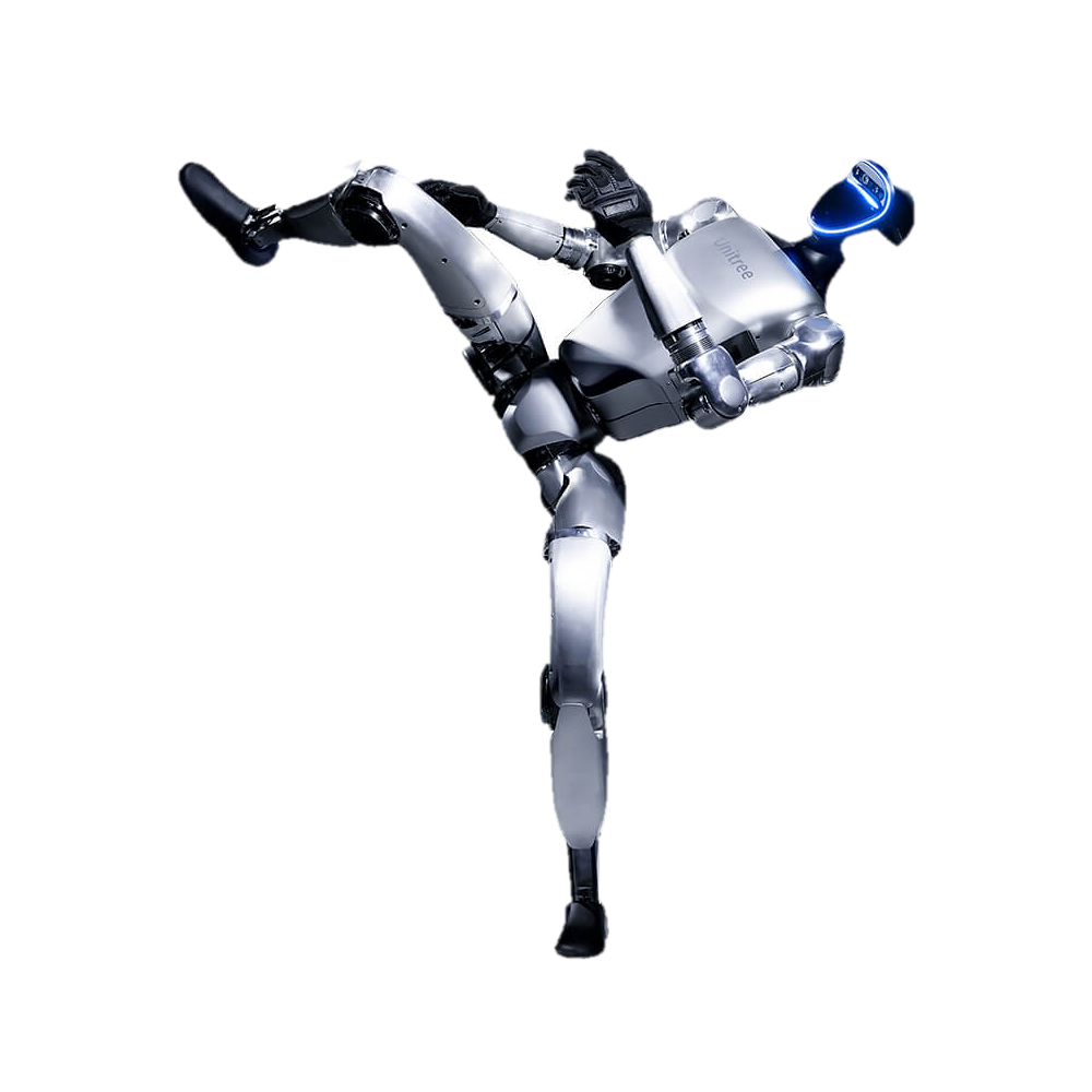 Robô humanoide Unitree G1 executando chute acrobático
